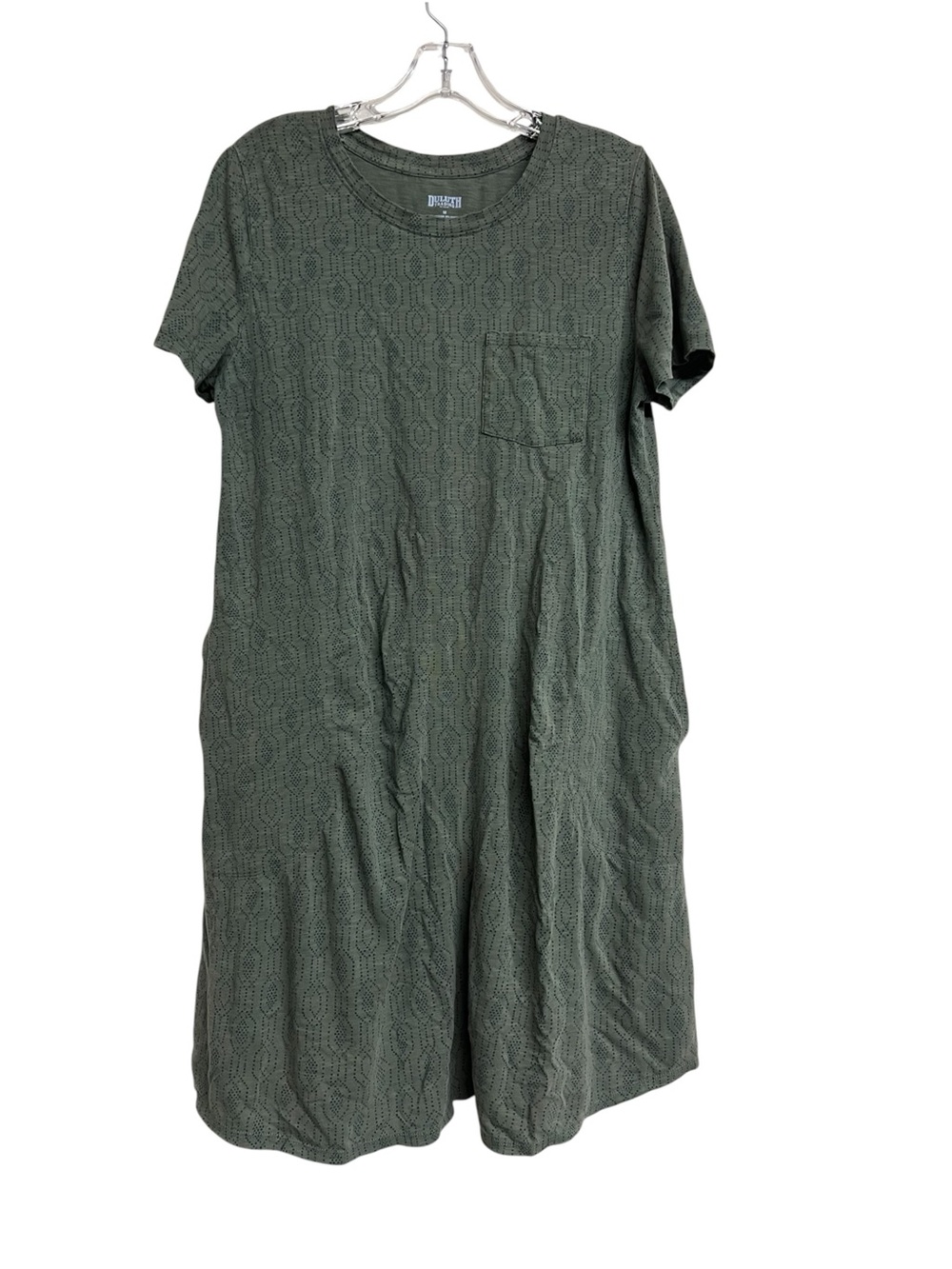 Duluth Trading Co Olive Green Printed Midi Tee Dress Pockets Minimalist Granola